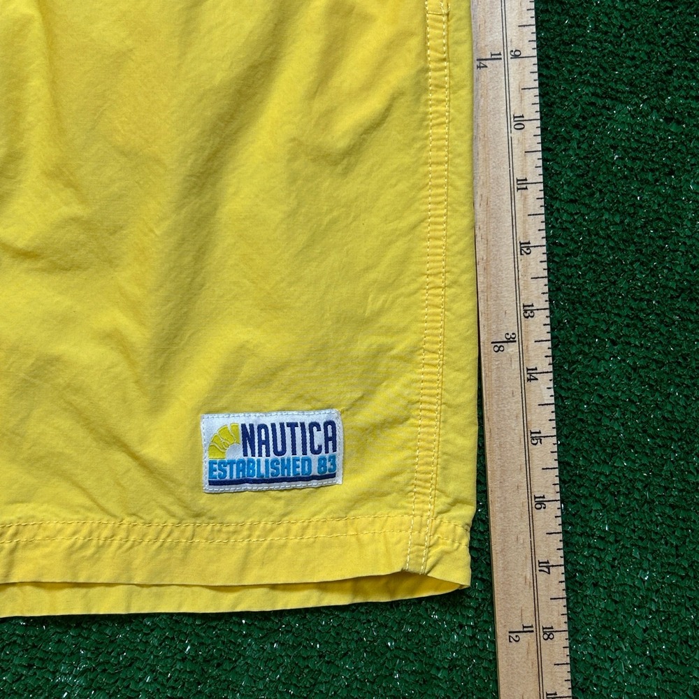 Vintage 90s Nautica Swim Trunks Men Med Yellow Navy Colorblock Cargo Mesh Lined - Picture 8 of 10